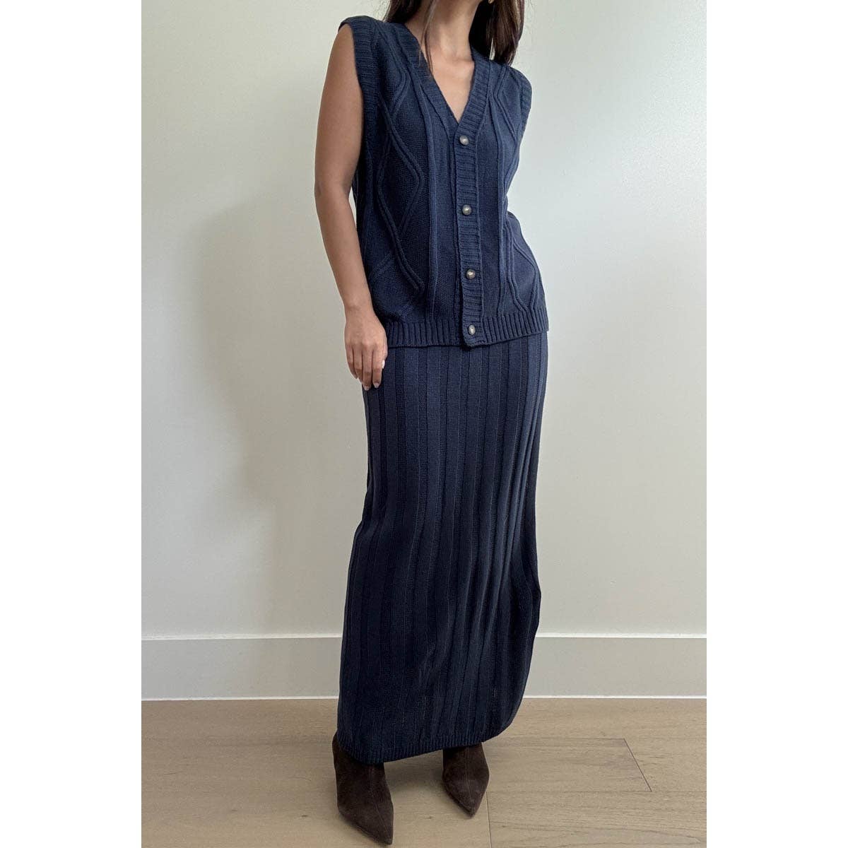 2 Piece Knit Vest Top W/Maxi Skirt Sets