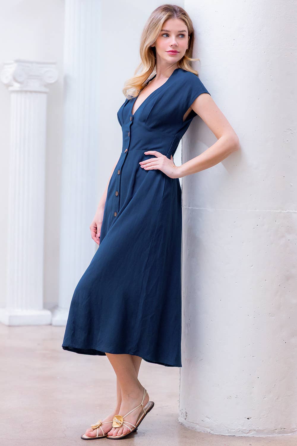 Navy Linen Plunge Midi Dress Women's Clothing