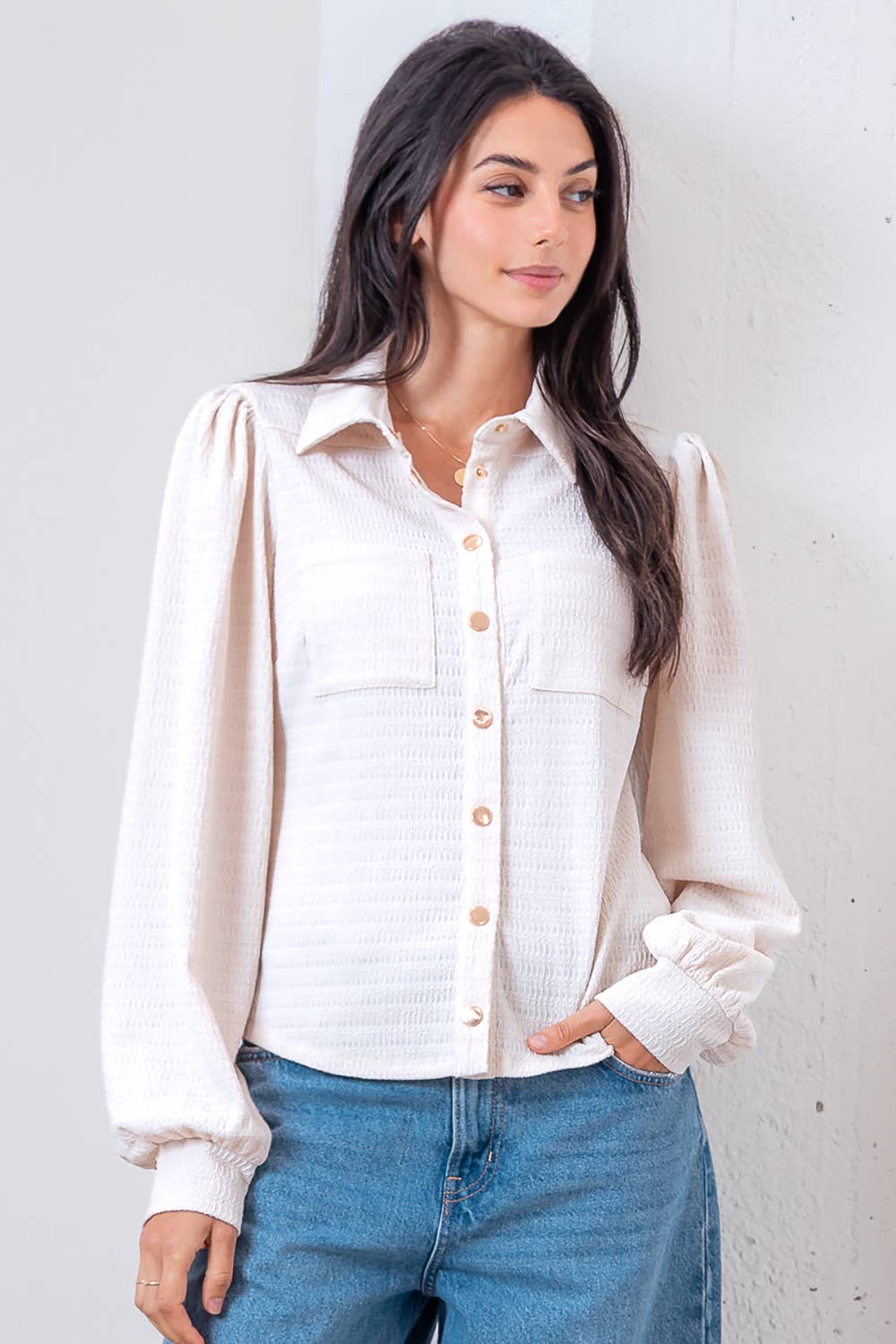Button Down Eyelet Shirt with Puff Sleeves for Women