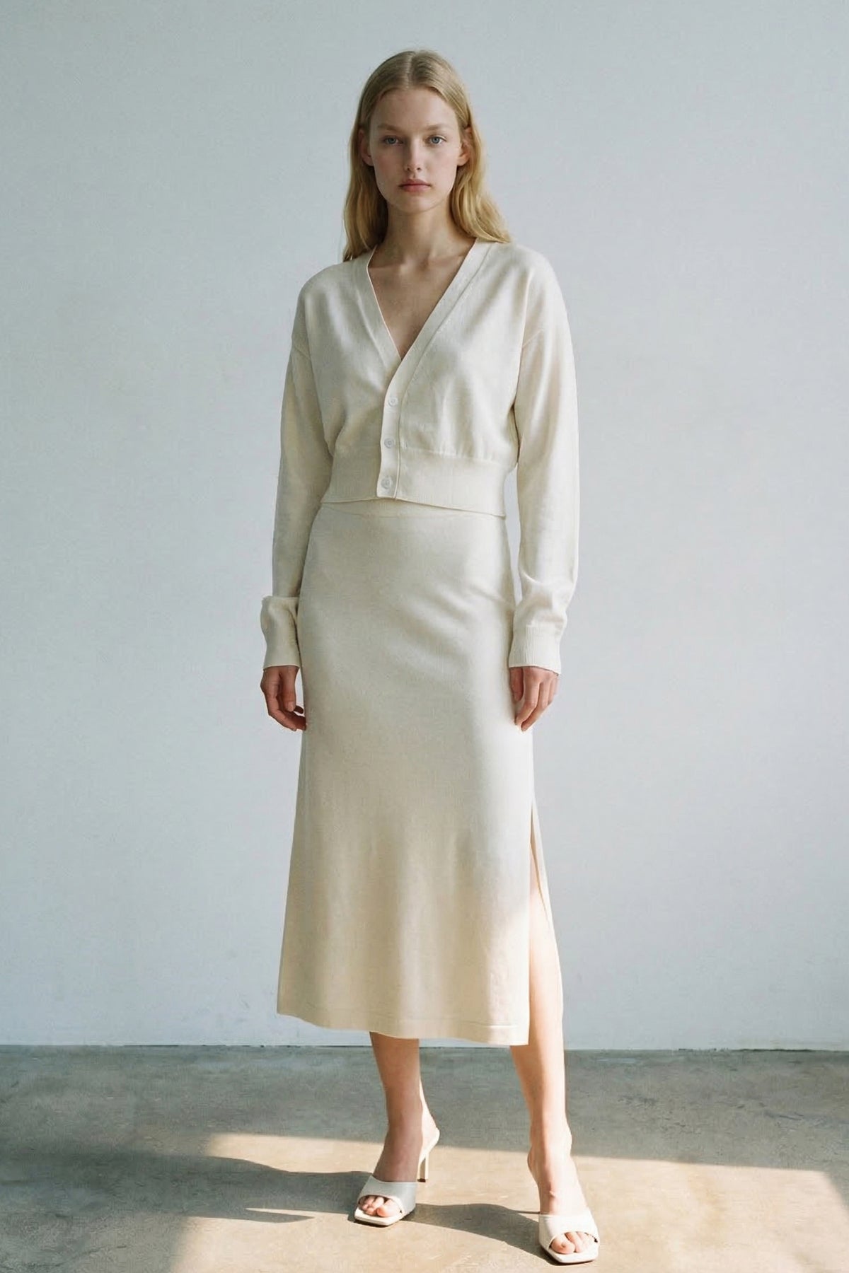Knit V Neck Wrap Cardigan W/ Flared Midi Skirt