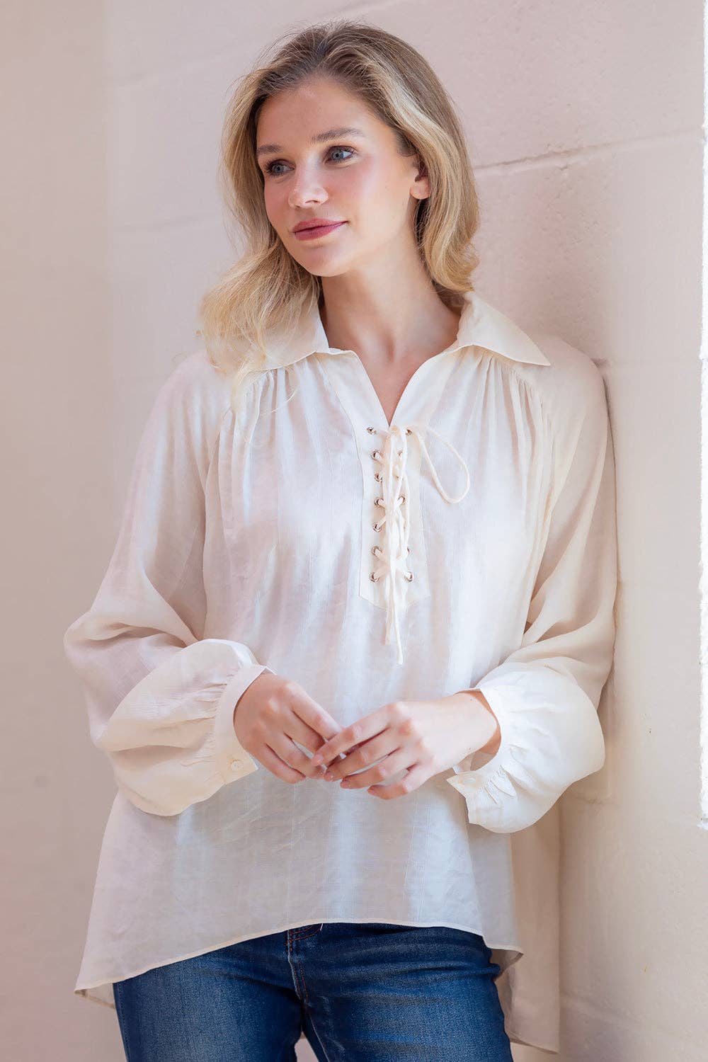 Chic Cream Blouse with Lace-Up Front Detail for Women