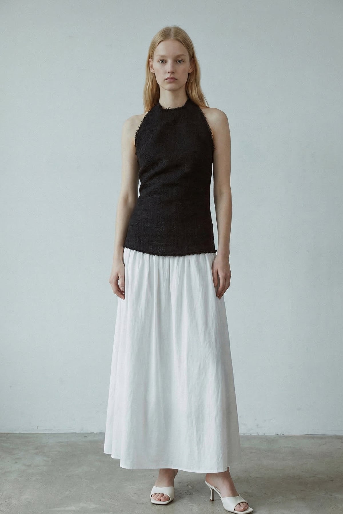 Halter Top Contrast Gathered Skirt Midi Dress