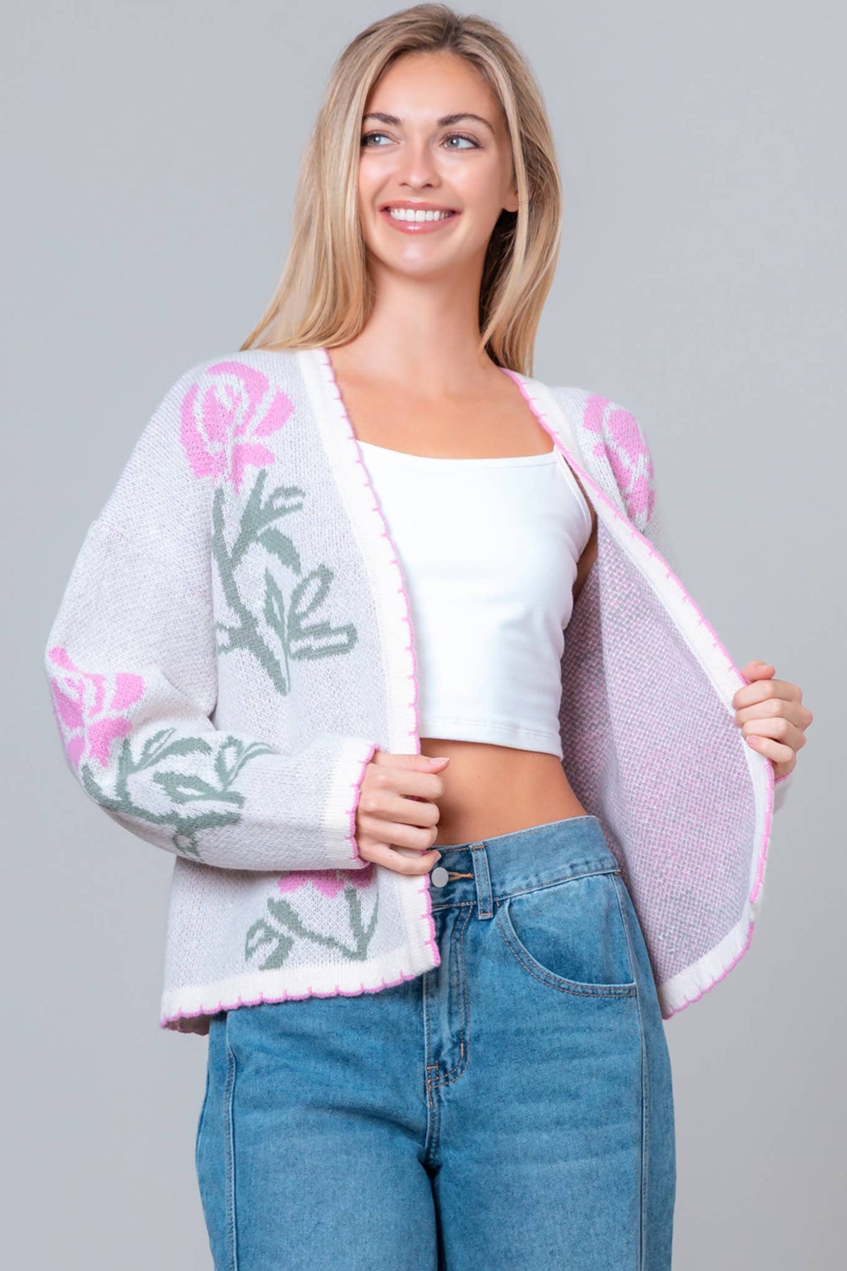 Kimono Cardigan W Floral & Contrast Stitching