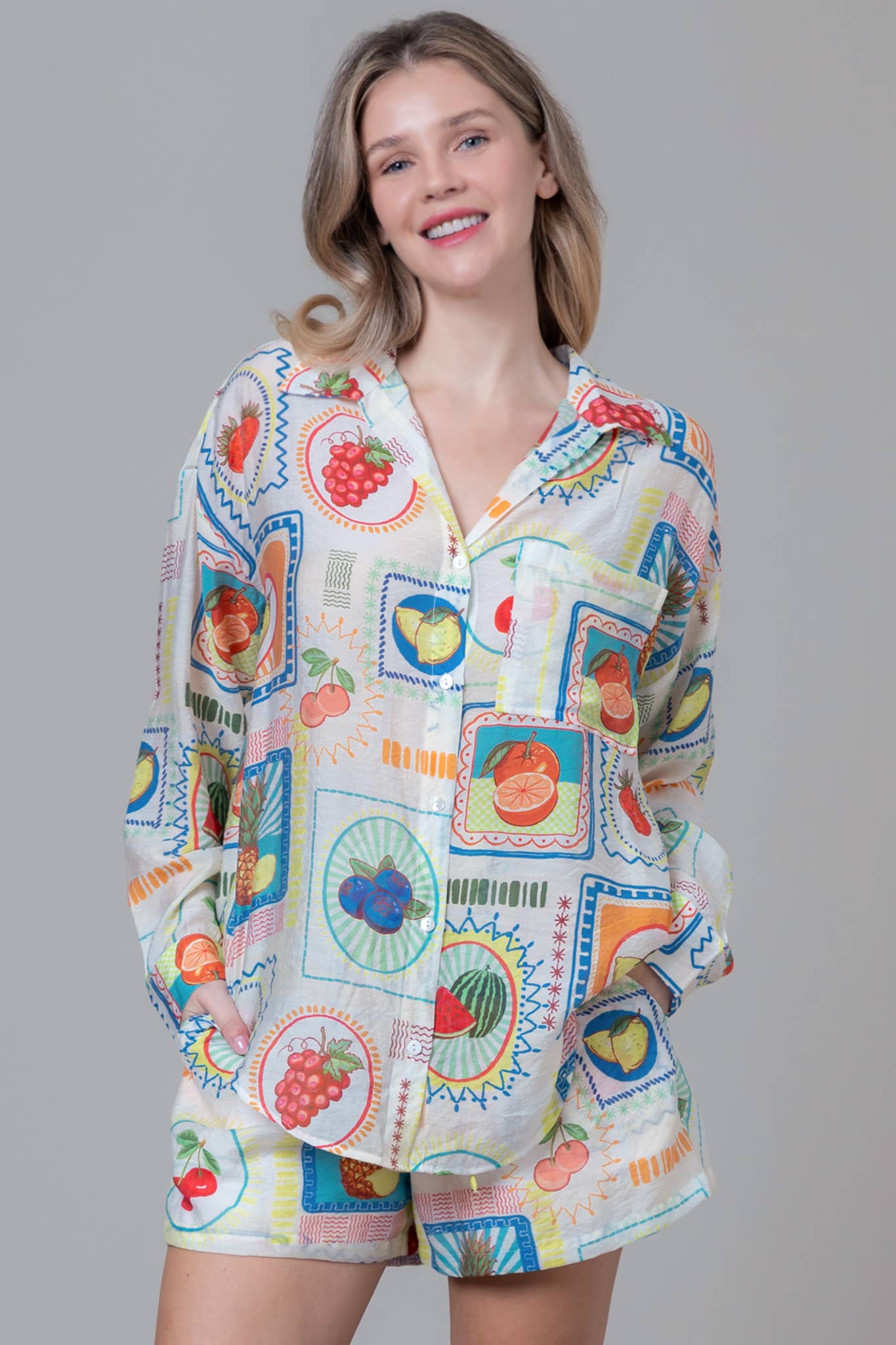 Fruit Print Long Sleeve Loungewear Set for Comfort