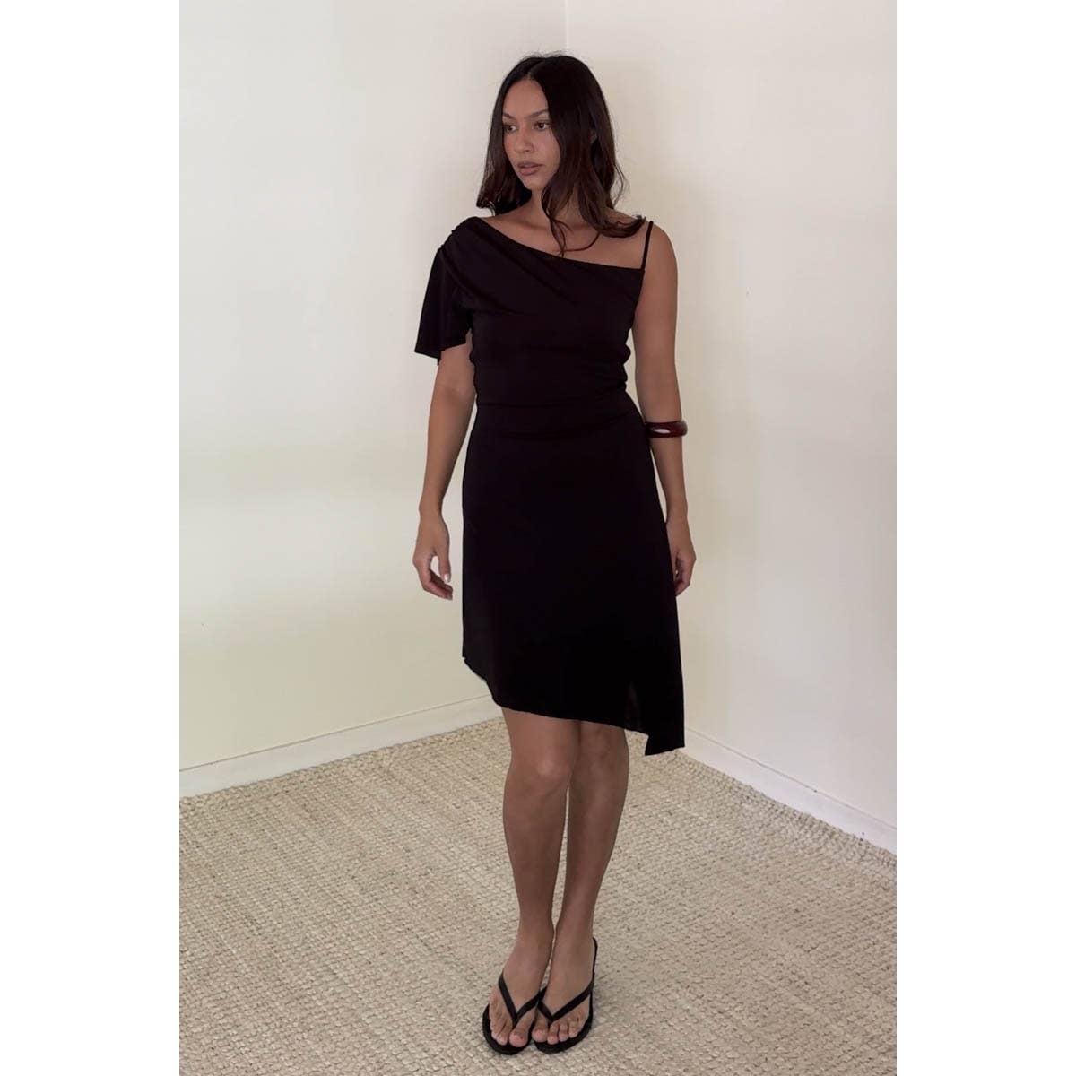 cowl neck asymmetric hem mini dress in black Cowl Neck Asymmetric Hem Mini Dress – RECLOP