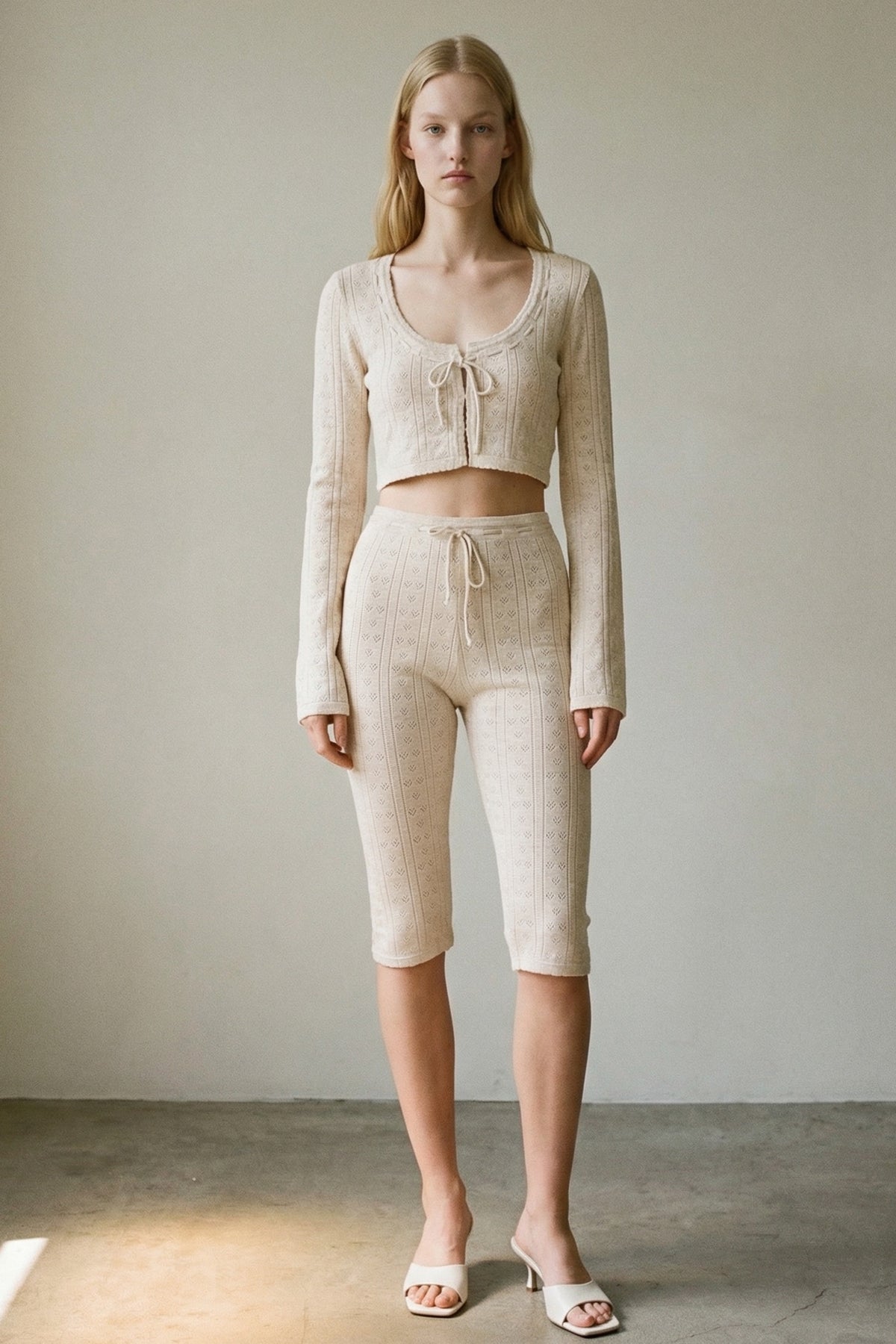 Knitted Pointelle Front Tie Top And Capri Pants