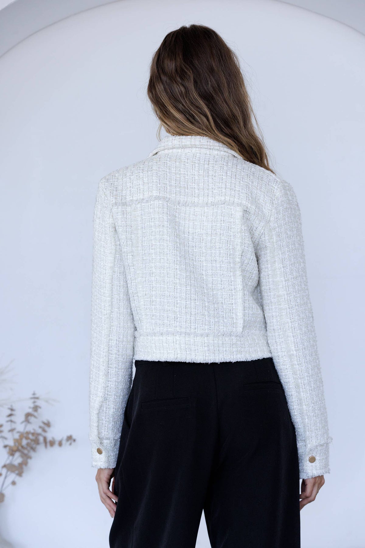 Monochromatic Tweed Fringe Edged Collar Jacket