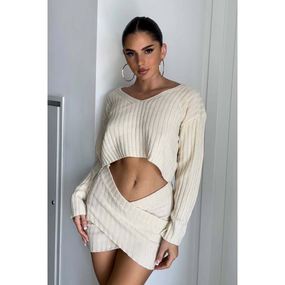 Oversized Knit Crop Top Front Twisted Mini Skirt