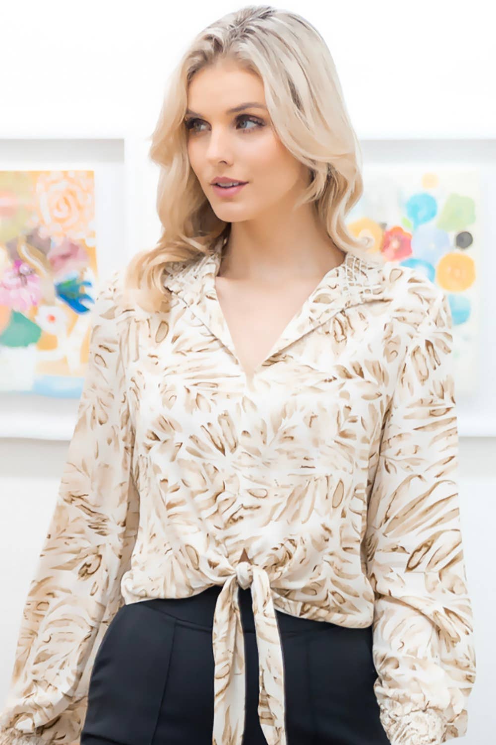 Leaf Abstract Front Tie Top with Smocking Detail