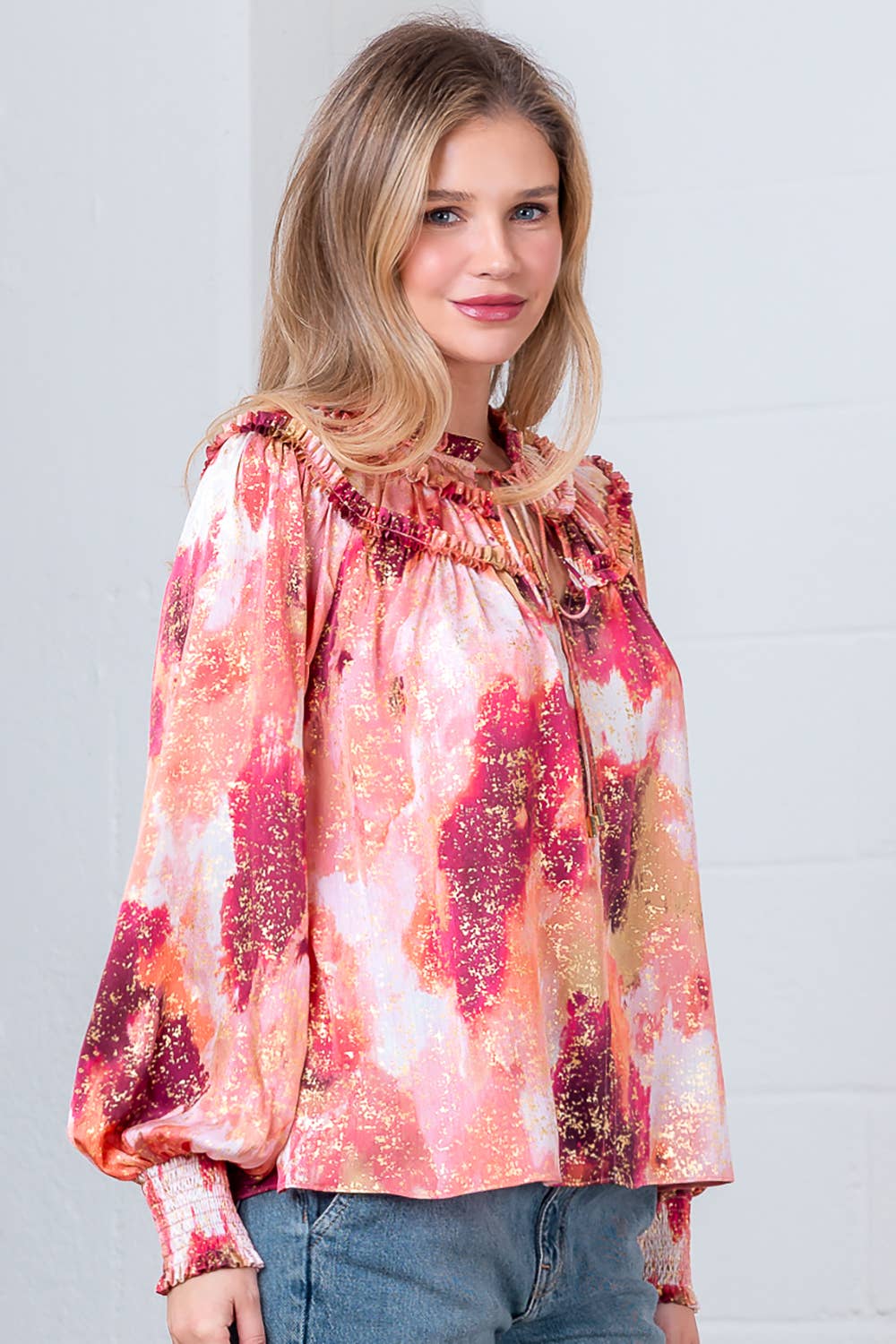 Chic Flowy Blouse with Neck Tie and Smocking Detail