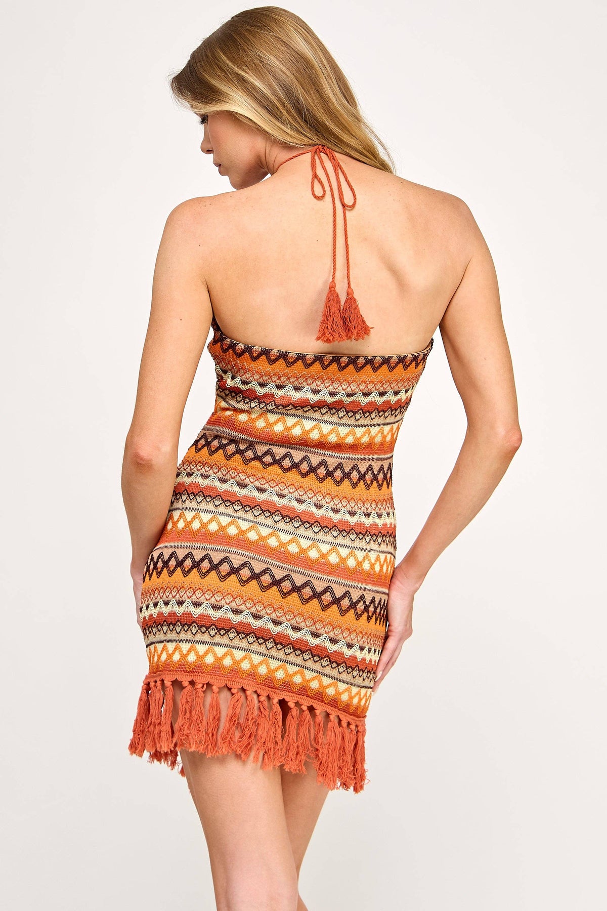 Cabo Mini Dress - Fringe Tribal Print Halter Neck