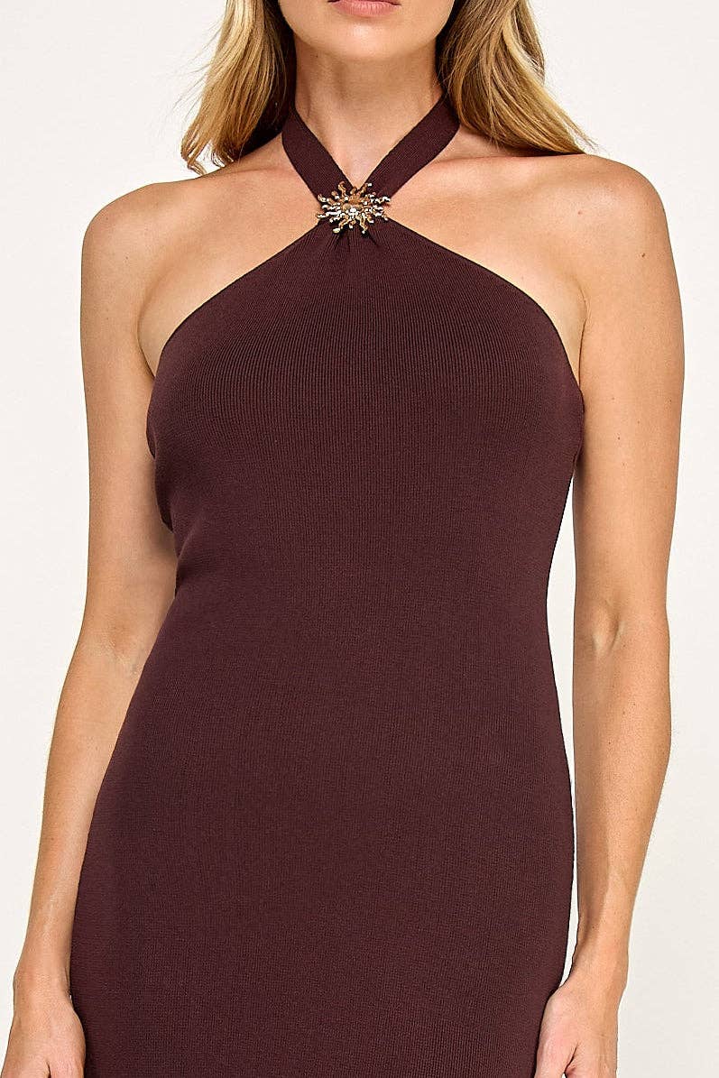 Gilt Maxi Dress - Gold Trim Halter Tie Back Open Shoulder