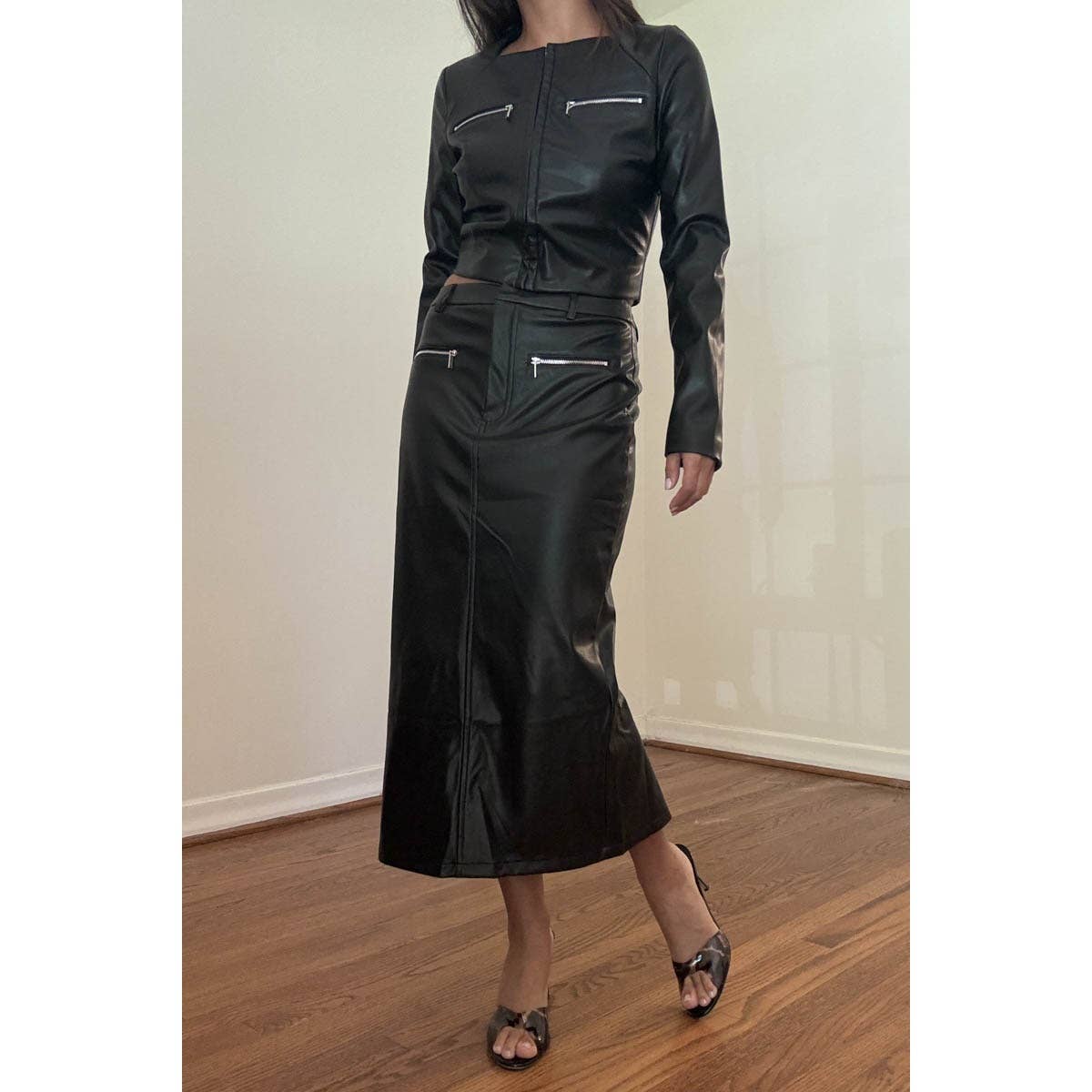 Faux Leather Zipper Detail Midi Skirt