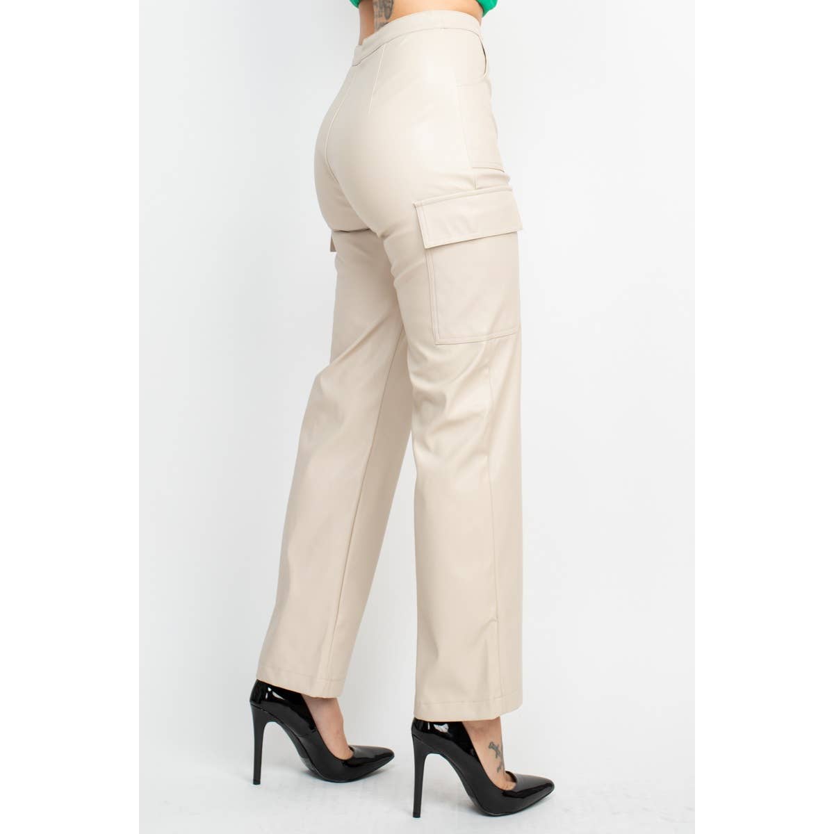 Faux Leather Straight Leg Cargo Pants With Pockets