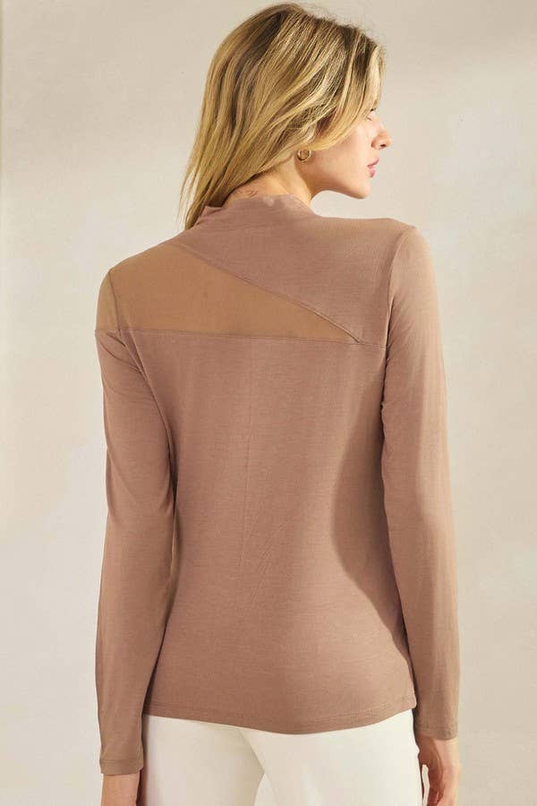 Women's Mock Neck Mesh Panel Long Sleeve Top Autumn Style
