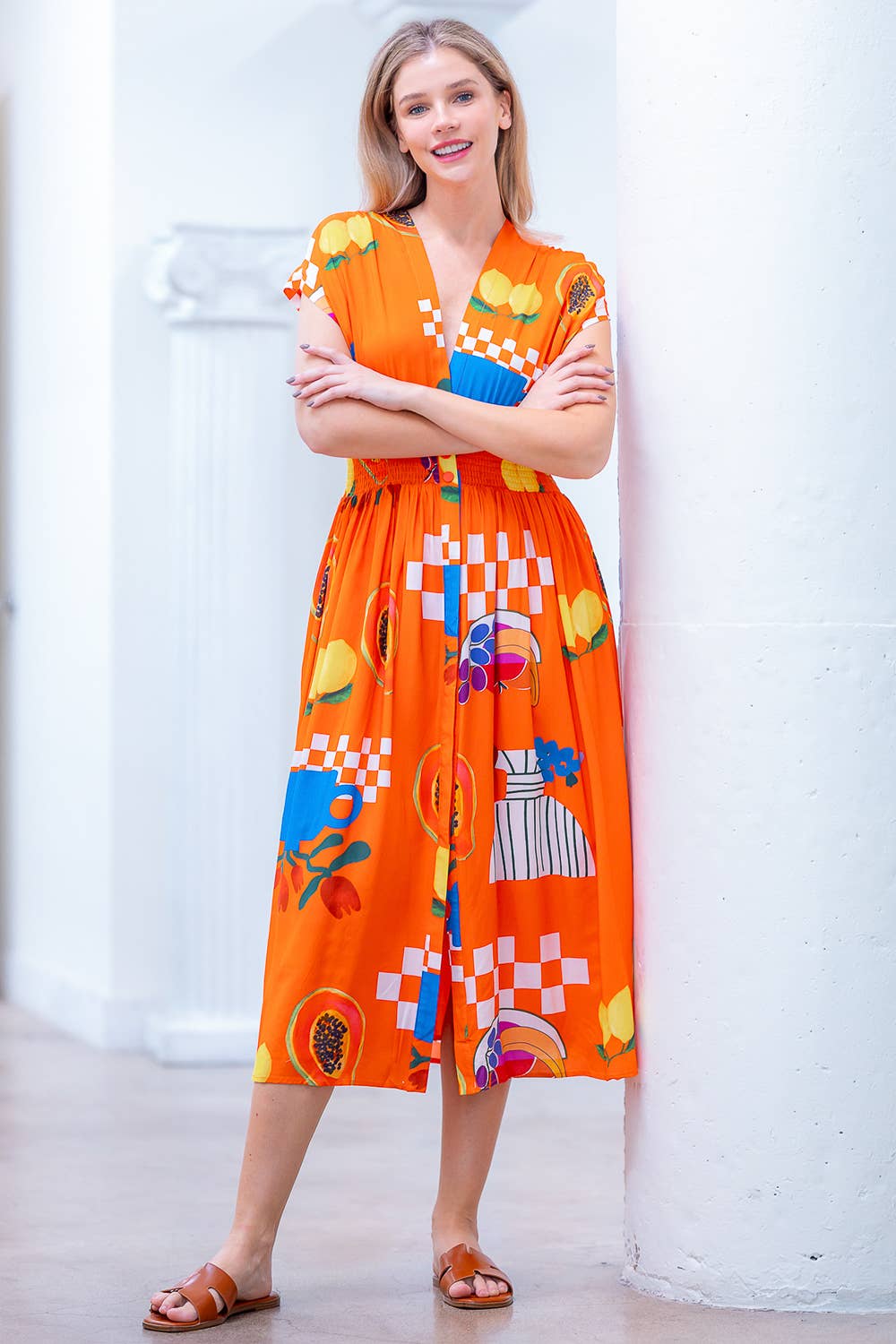 Vibrant Fruit Print Dolman Sleeve Dress for Women