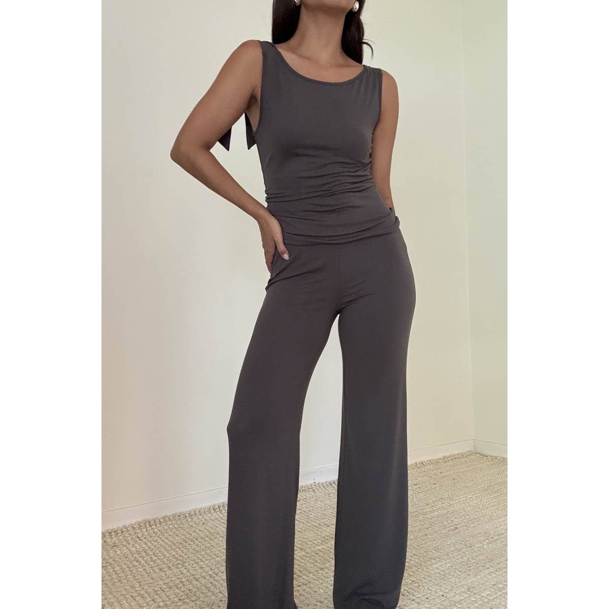 Grey Shoulder Tie Top And Pant Set