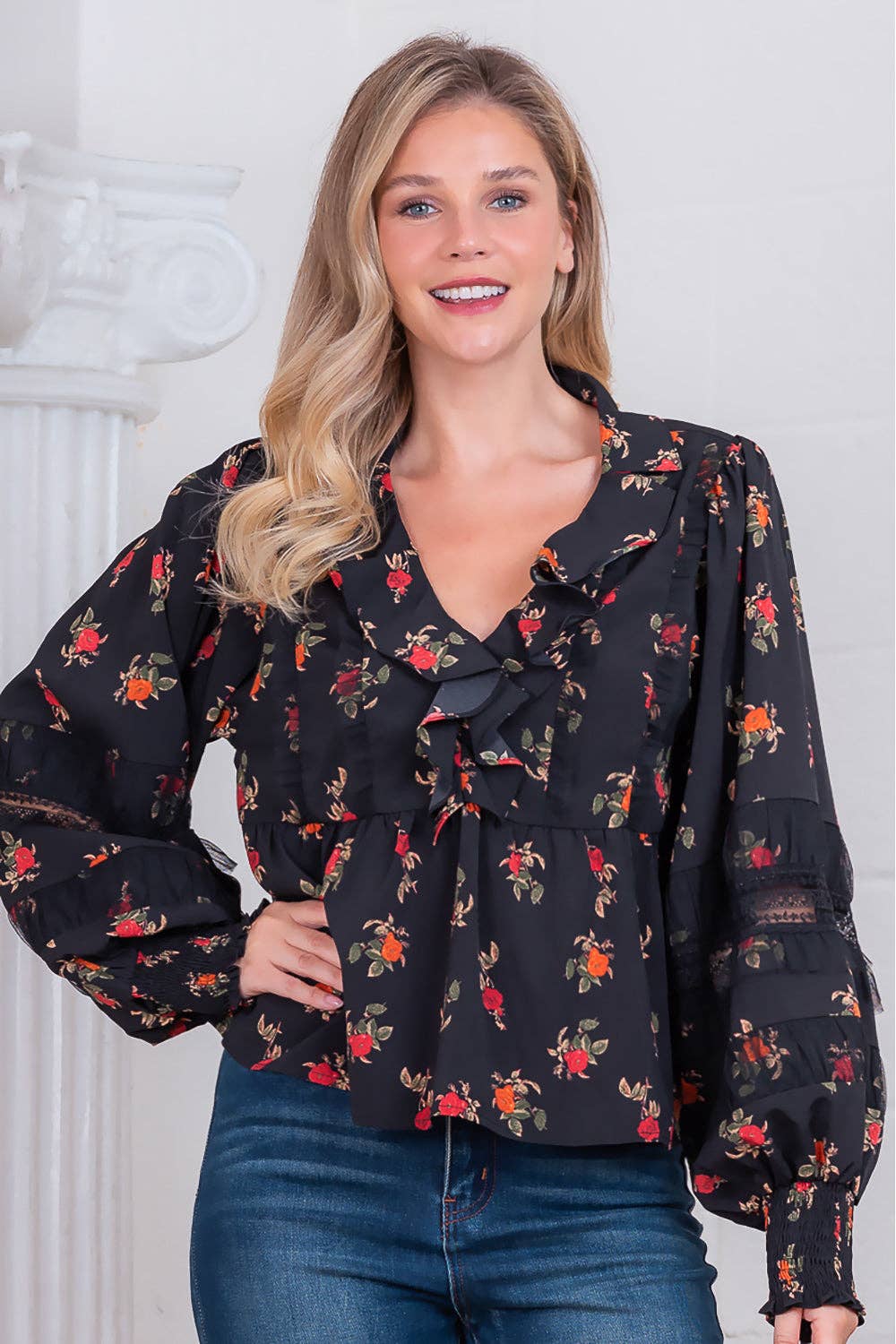 Floral Long Sleeve Top with Lace and Ruffle Details