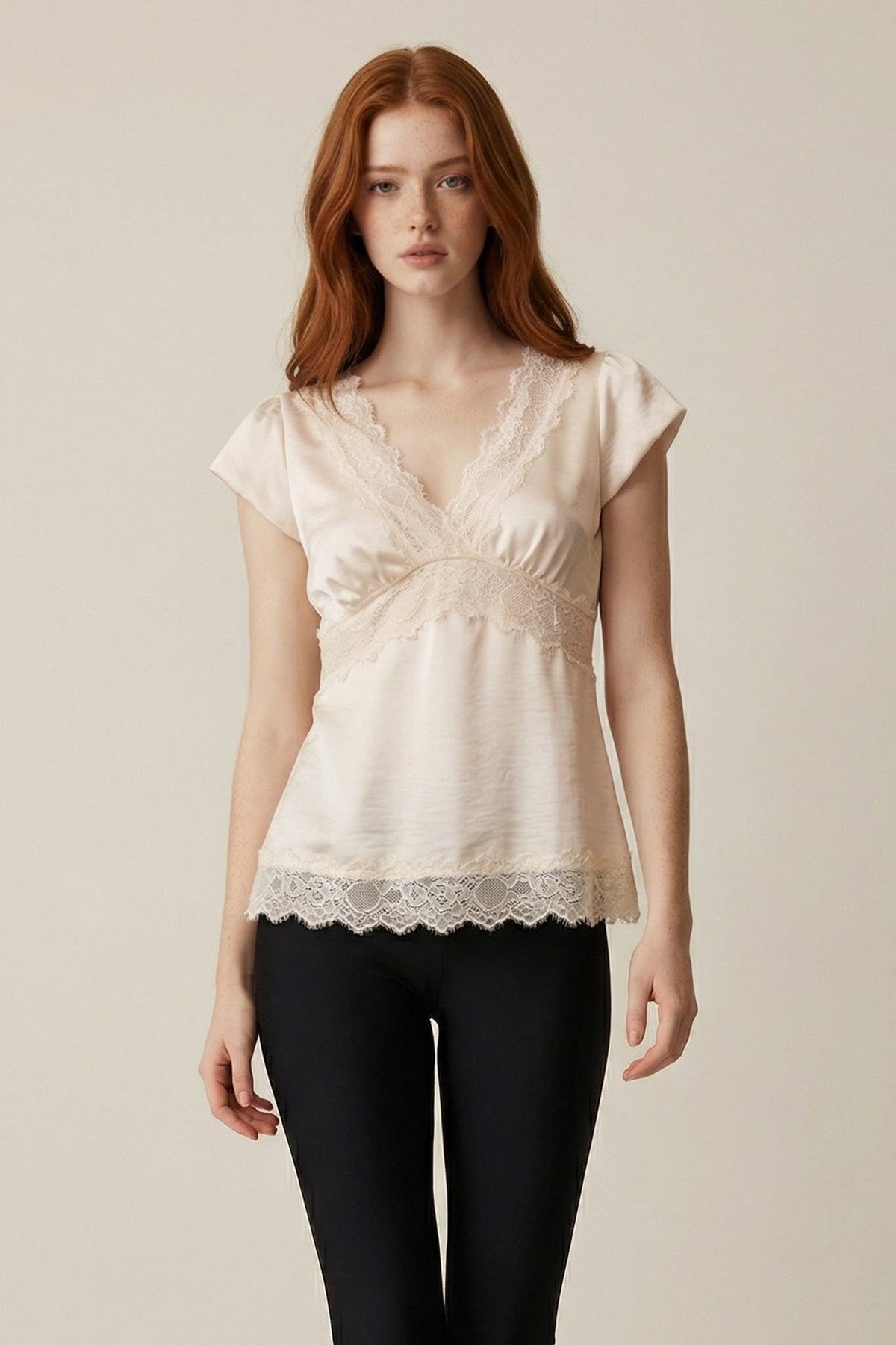 Short Sleeves Lace Trimmed Top