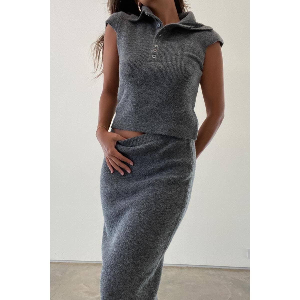 SOFT RIBBED POLO TOP MIDI SKIRT SET