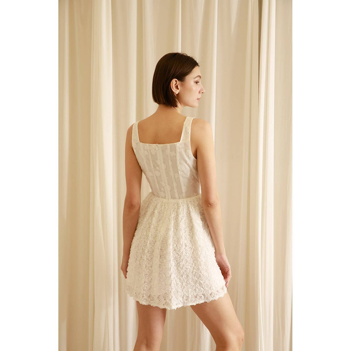 Monochromatic 3D Daisy and Roses Mini Dress