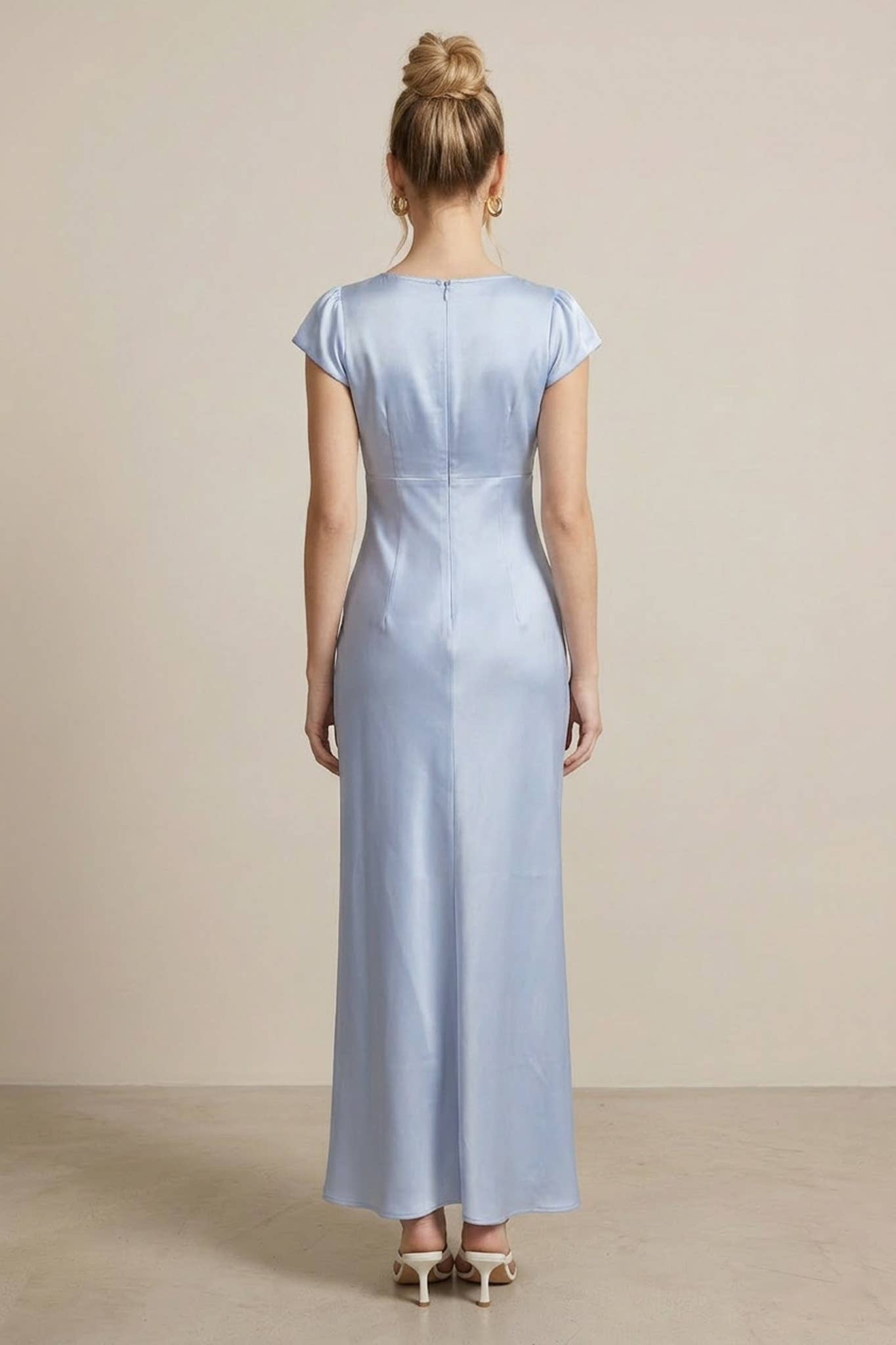 Sky Blue Elasticized Cap Sleeve Long Dress