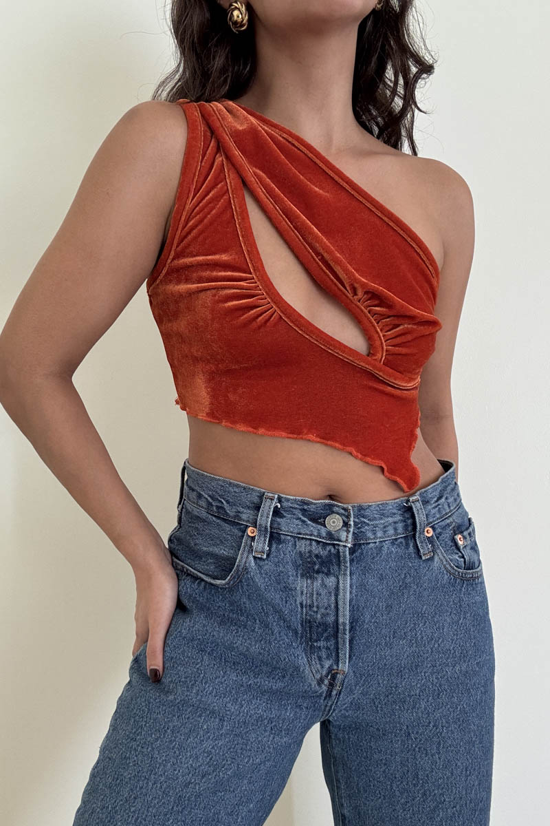 Velvet Asymmetrical One Shoulder Cutout Crop Top
