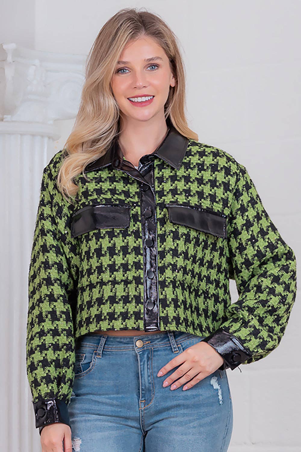 Houndstooth Tweed W Contrast Pattern PU Jacket