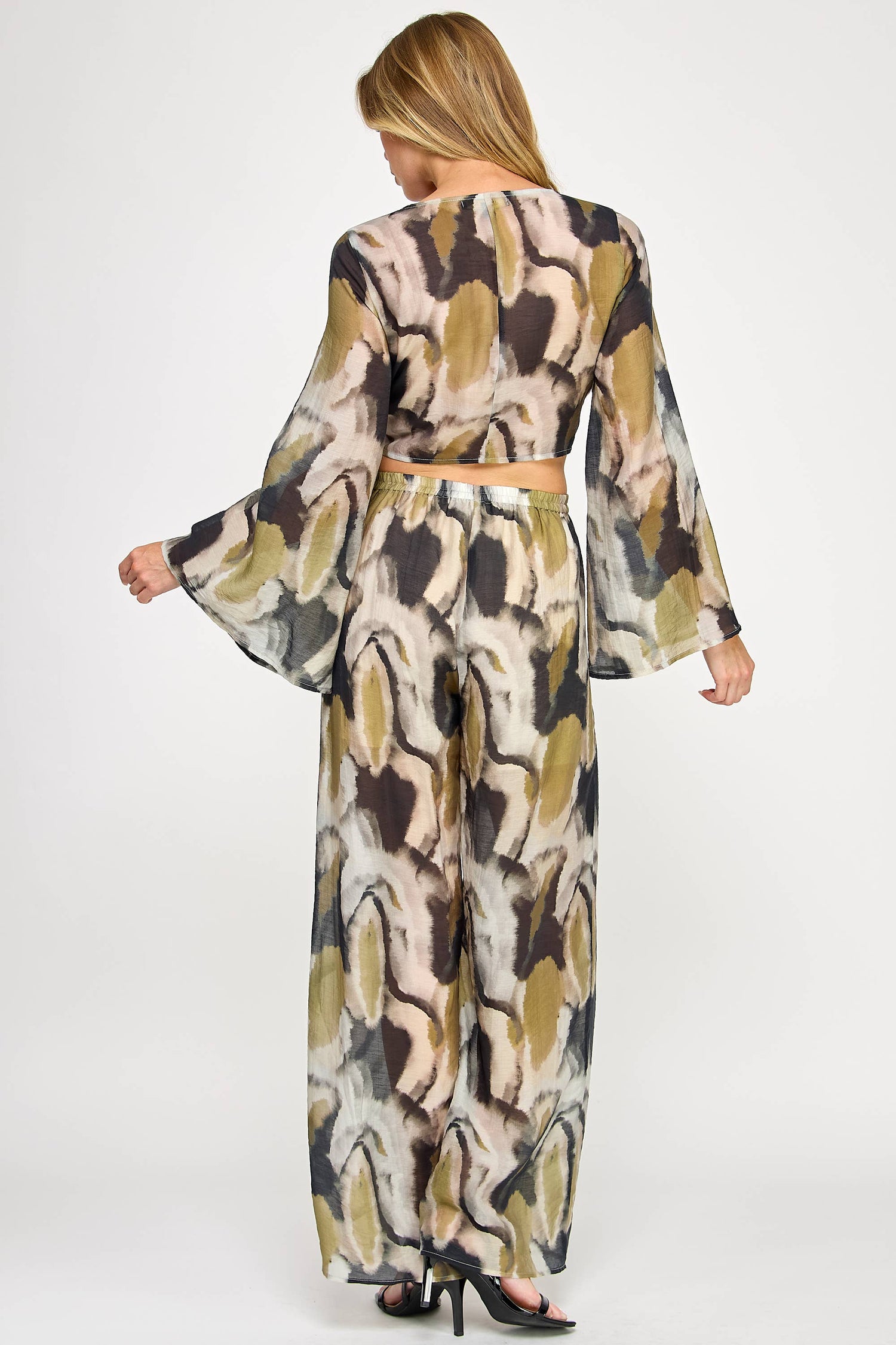 Watercolor Kimono Set - Tie Top & Wide Leg Pants