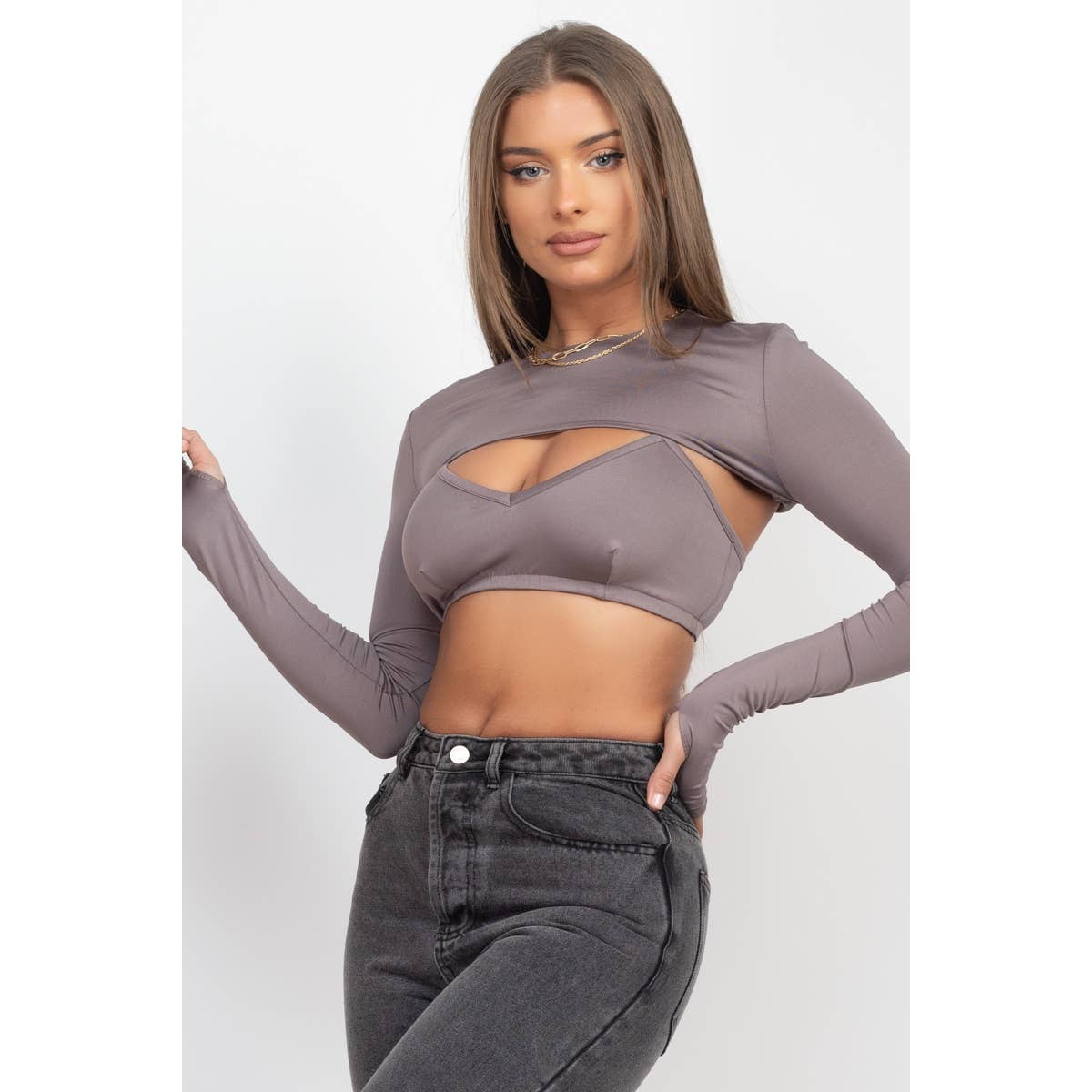 Ladies Knit Cut Out Long Sleeve Bralette 2 Piece Set