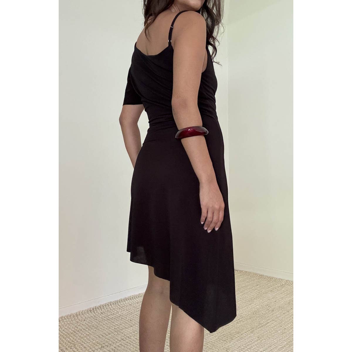 cowl neck asymmetric hem mini dress in black Cowl Neck Asymmetric Hem Mini Dress RECLOP