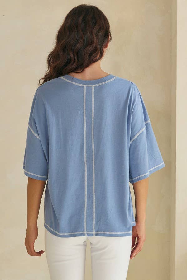 Soft Cotton Relaxed V-Neck Top with Contrast Stitching