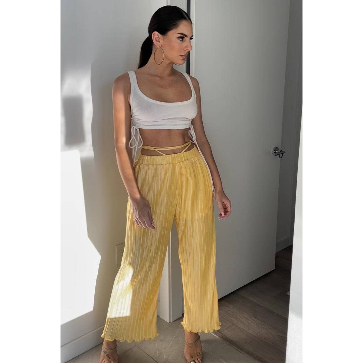 Plisse Tie Waist Wide Leg Pants